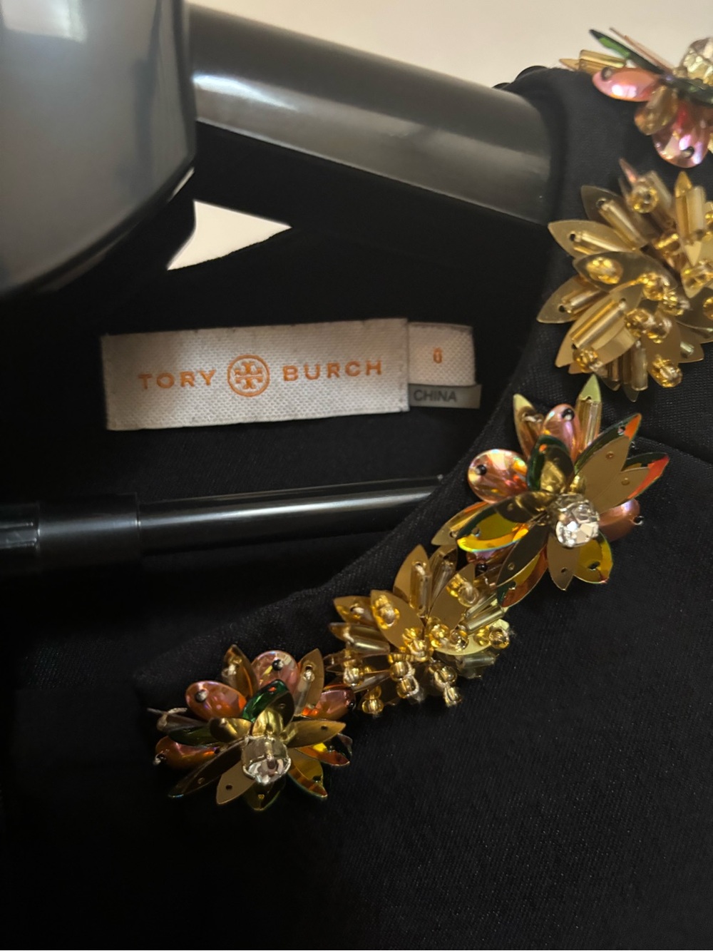 Tory Burch Black Sleeveless Mini Dress with Gold and Orange Floral Collar - Picture 2 of 5